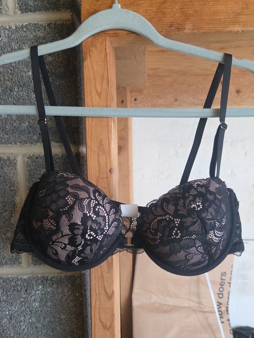SHEIN Black Lace Balconette Bra with Nude Lining
